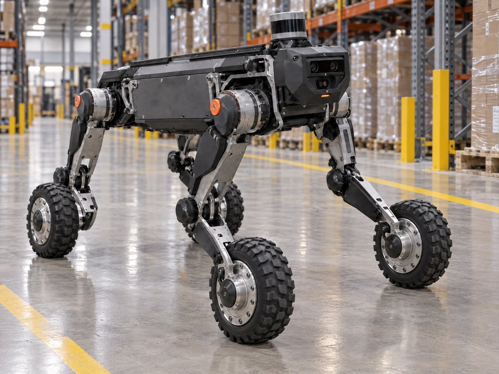Concept visualization of a wheel-legged autonomous logistics and inspection robot in an industrial facility